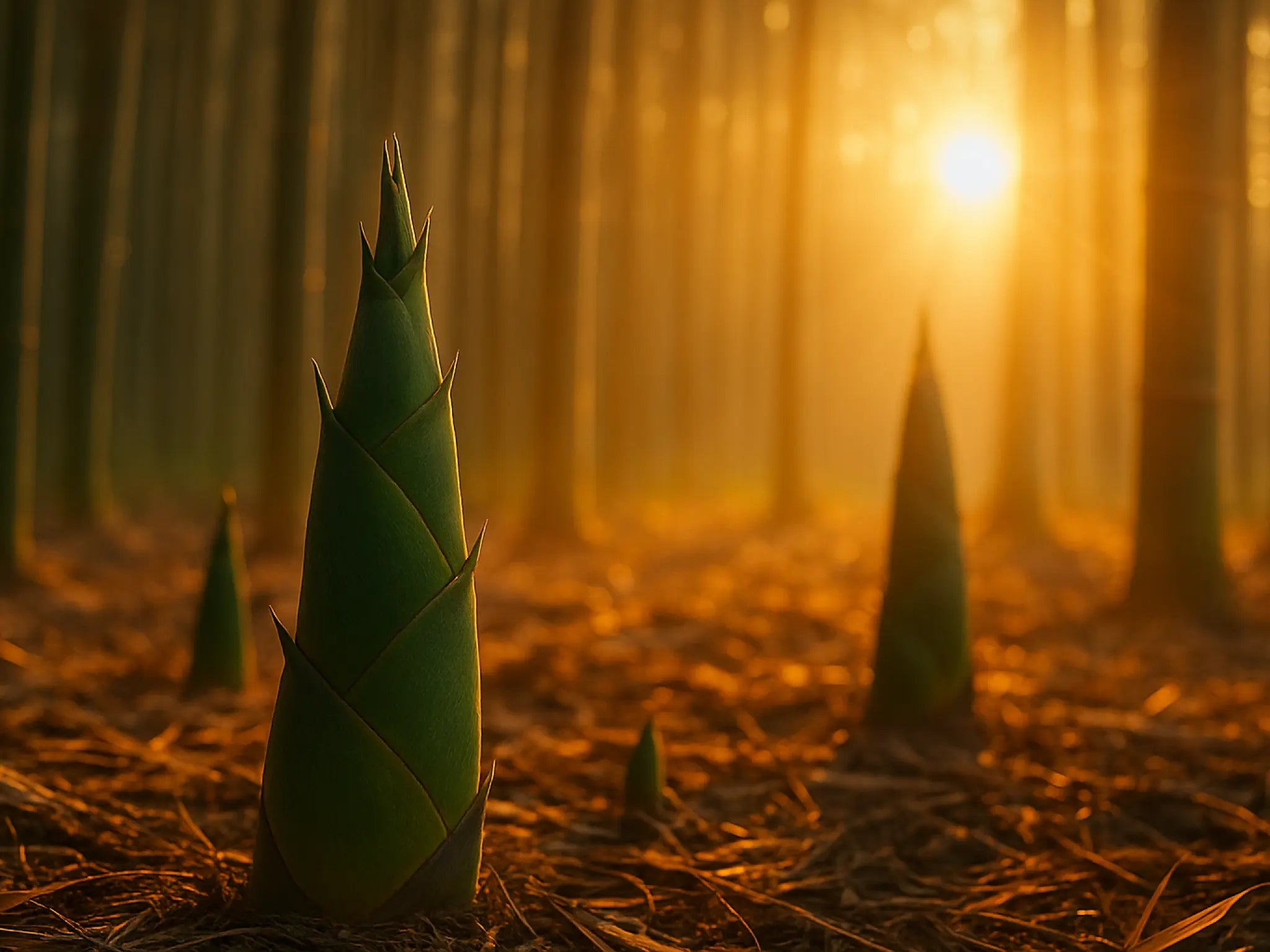 A close-up of young bamboo shoots emerging from the forest floor at sunrise, surrounded by tall bamboo stalks and illuminated by warm, golden sunlight streaming through the trees.