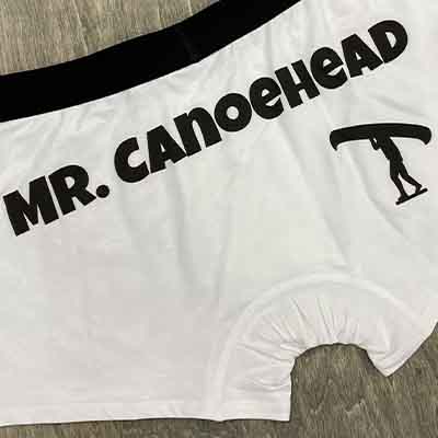 do+dare undie co. - fresh white custom underwear personalized with "mr. canoehead" + a picture of a person portaging