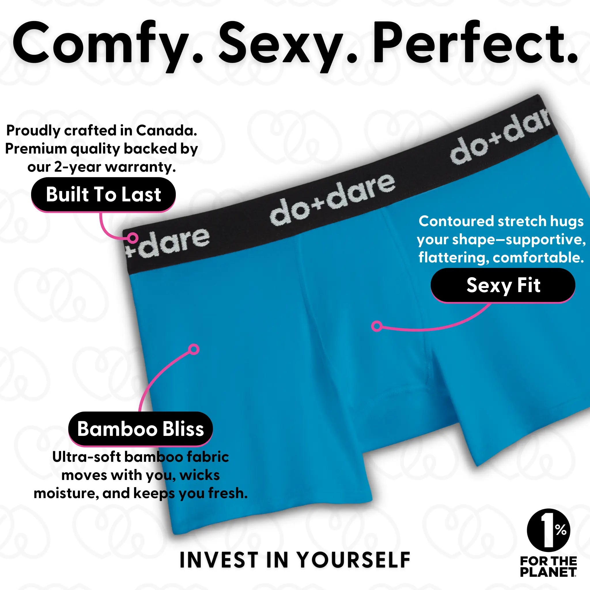 This image features a pair of vibrant blue, premium bamboo undies by do+dare representing comfort and quality. The waistband is prominently displayed with the brand name, and the fabric appears soft and stretchy, promising a supportive and flattering fit.
