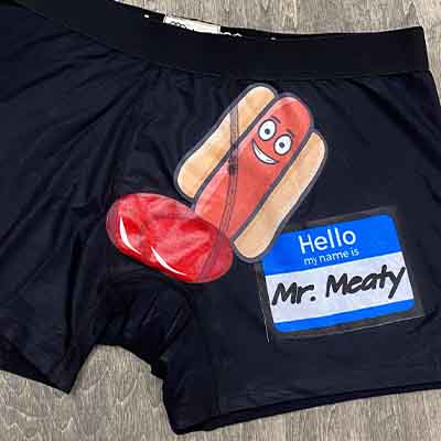 do+dare undie co. - midnight black custom underwear personalized with "Mr. Meaty", a hotdog with salami slices - a fun way to spice up your relationship