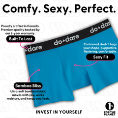 This image features a pair of vibrant blue, premium bamboo undies by do+dare representing comfort and quality. The waistband is prominently displayed with the brand name, and the fabric appears soft and stretchy, promising a supportive and flattering fit.