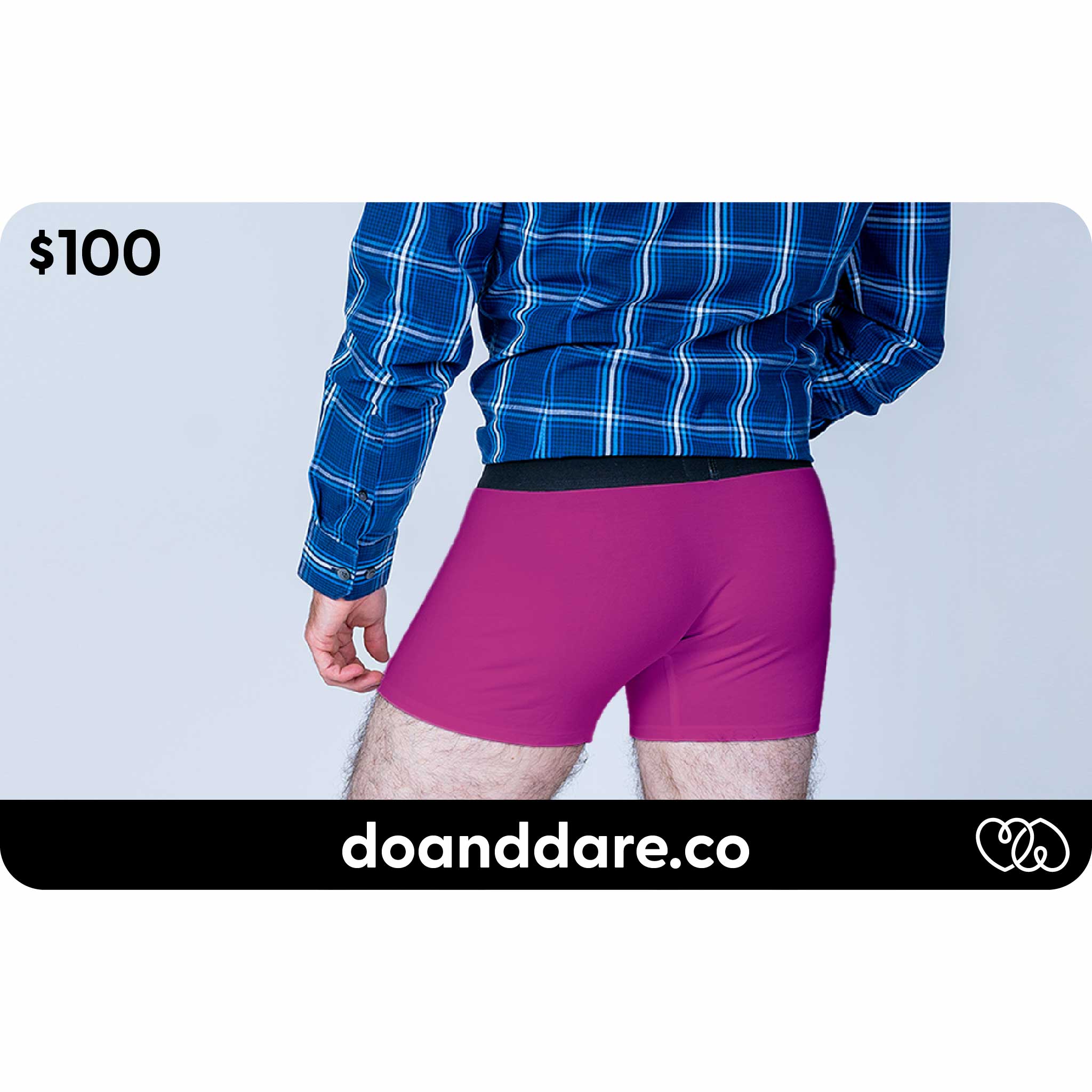 do+dare undie co. - $100 gift card showing rob wearing fuchsia pink boxer briefs underwear in a plaid blue dress shirt
