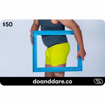 do+dare undie co. - $50 gift card showing mikey wearing neon yellow boxer briefs underwear in a blue picture frame